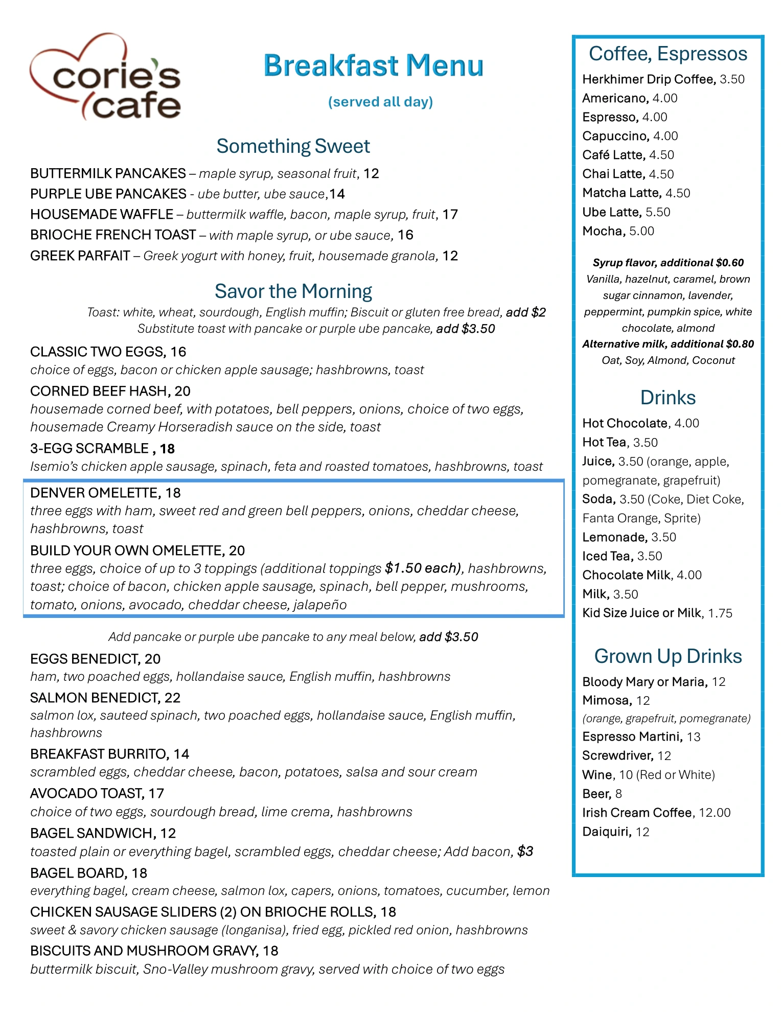 Corie's Cafe breakfast menu